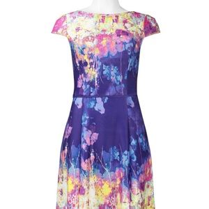 Adrianna Papell Boat Neck Fit Flare Rainbow Floral